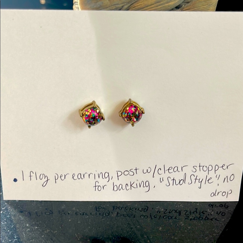 Gold tone multicolor glitter Stud Earrings, clear backings